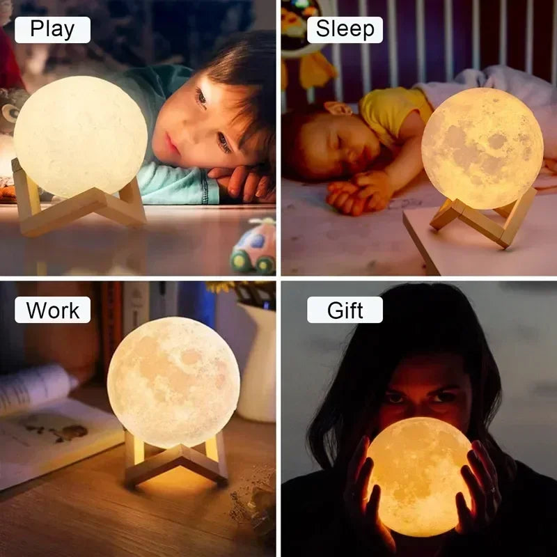 8cm Moon Lamp LED Night Light, Battery Powered Starry Lamp with Stand, Bedroom Decor for Kids Gift