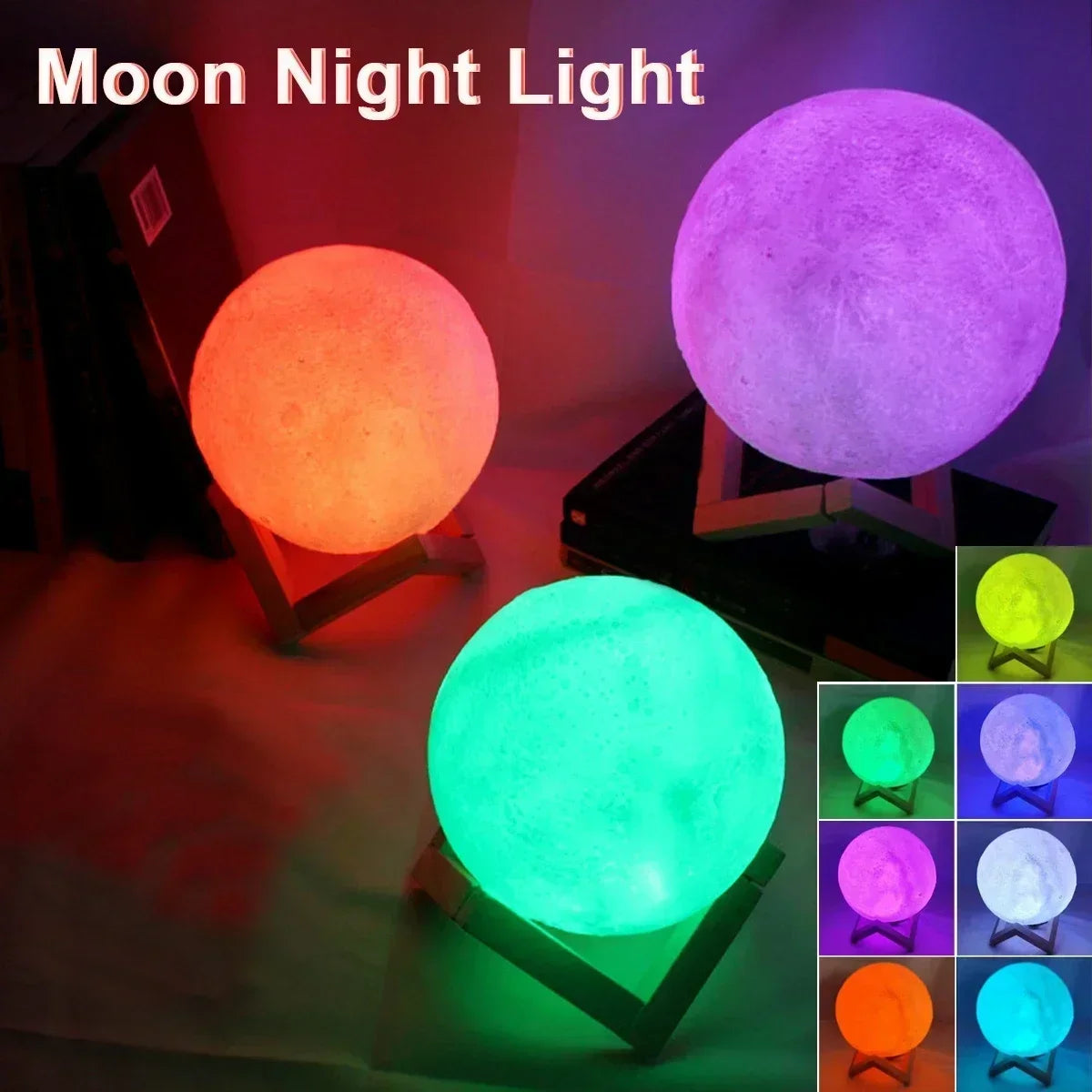 8cm Moon Lamp LED Night Light, Battery Powered Starry Lamp with Stand, Bedroom Decor for Kids Gift