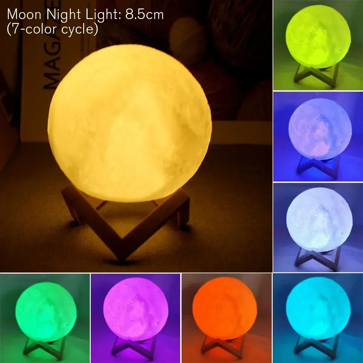 8cm Moon Lamp LED Night Light, Battery Powered Starry Lamp with Stand, Bedroom Decor for Kids Gift