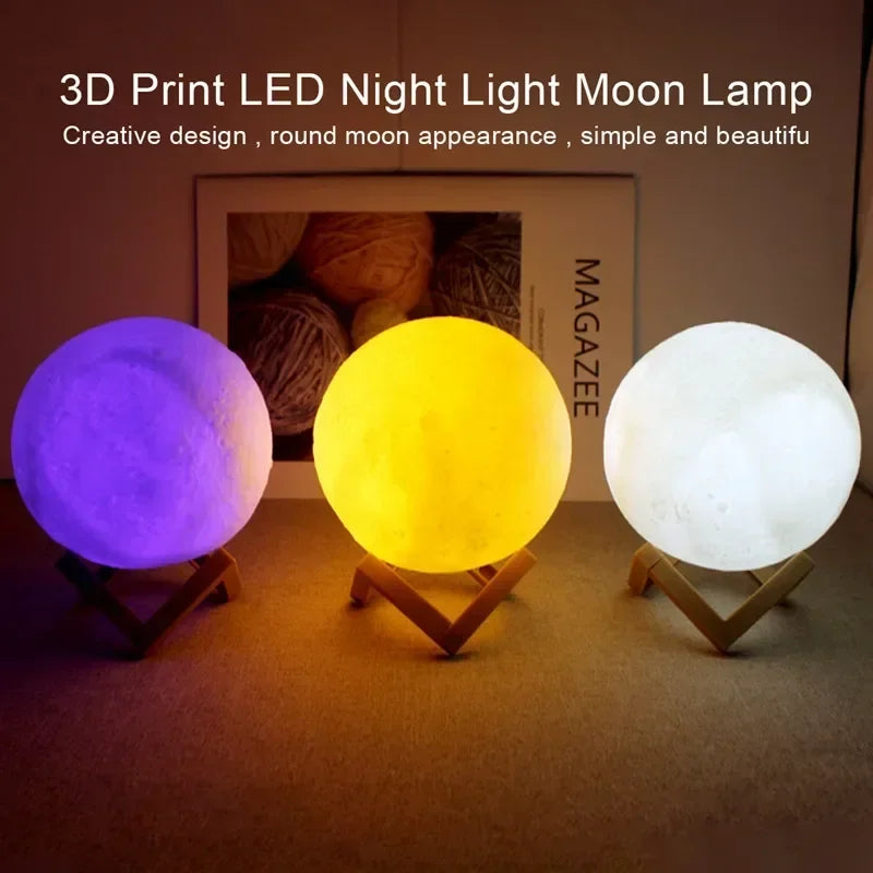 8cm Moon Lamp LED Night Light, Battery Powered Starry Lamp with Stand, Bedroom Decor for Kids Gift